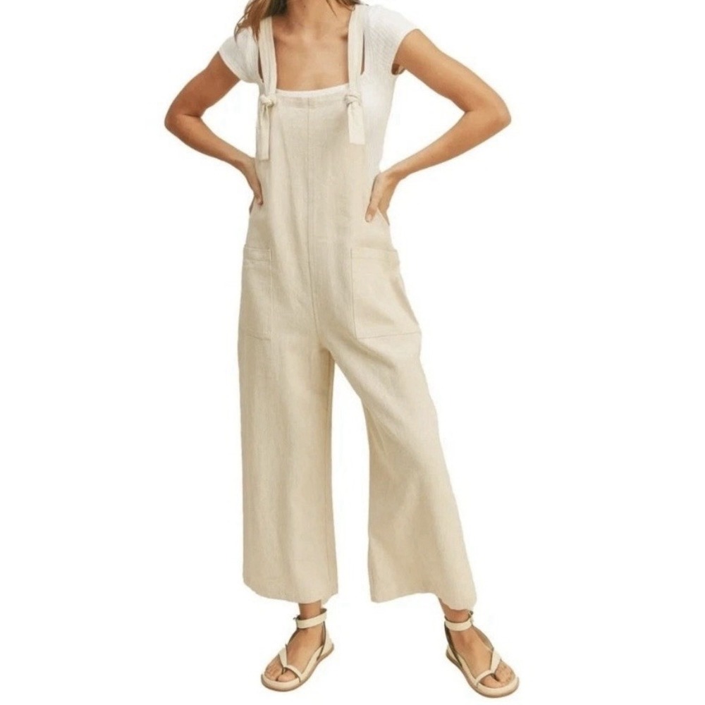 Miou Muse Cream Relaxed Fit Overalls Wide Leg Boho Granola Comfy